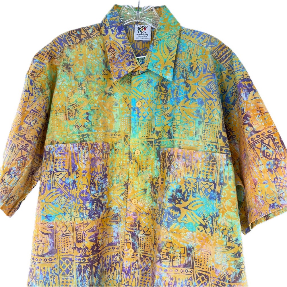 Rum Reggae Hawaiian Batik Camp Shirt "Mozambique" Saffron/Turq. Size Large NWT - Picture 10 of 16